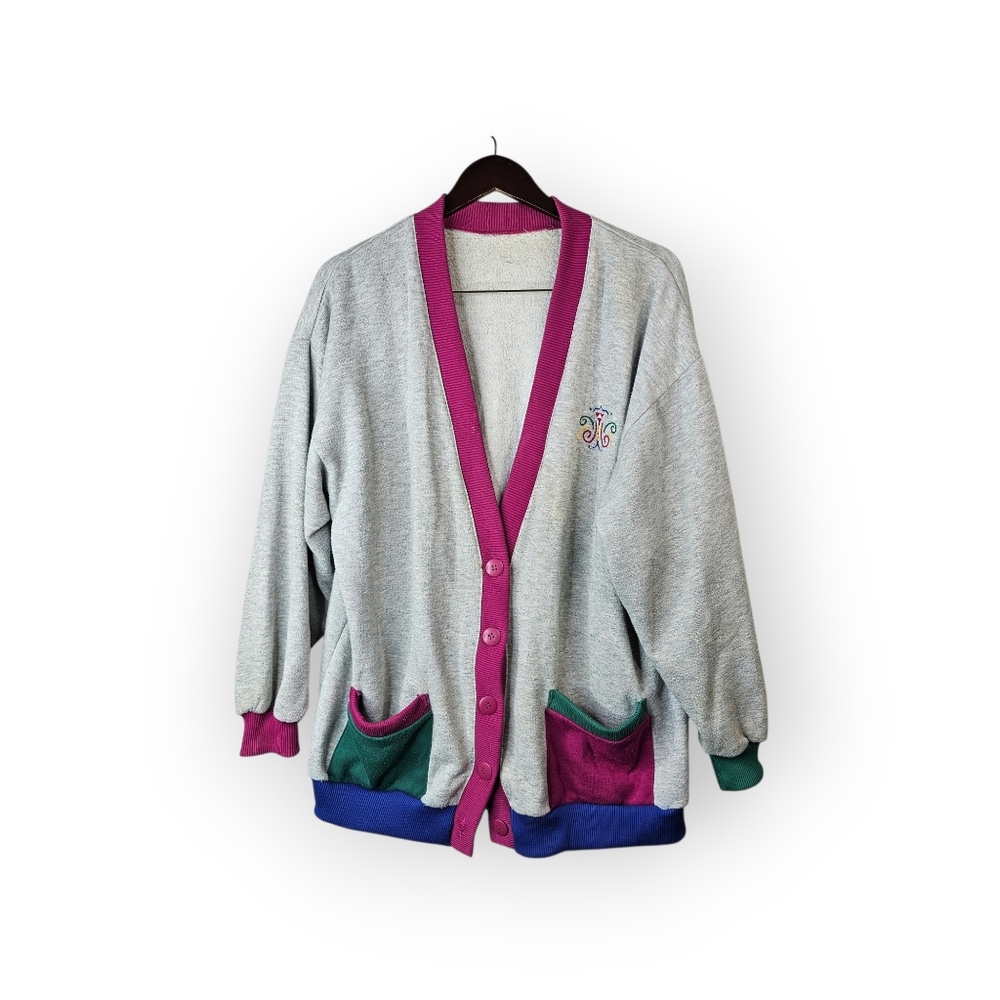 Vintage Colorblock Sweatshirt Cardigan Womens Gray Pink Green Blue Button Front - Picture 2 of 5
